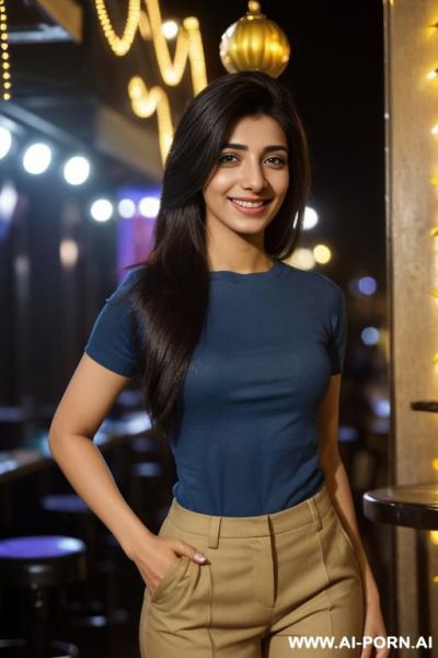 (urwa hocane), (((tanned punjabi ))), ((blue crew neck short sleeve shirt, khaki pants)), (christmas), (big nose), ((smiling at the camera)), photorealistic, (ultra detailed photo), (hyper realistic - ai-porn.ai on pornintellect.com