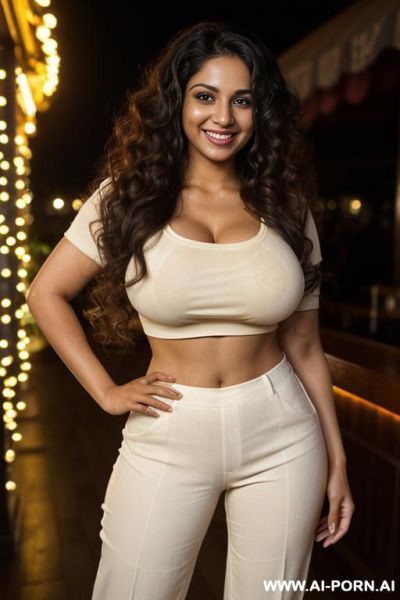 (actress topanga), (((tanned punjabi ))), (( white crew neck short sleeve shirt, fancy slacks )), (christmas), (big full lips), ((smiling at the camera)), photorealistic, (ultra detailed photo), (hyper - ai-porn.ai on pornintellect.com