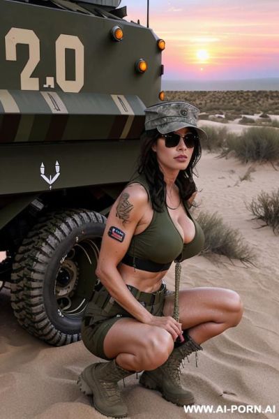 Mom beauty face spanish , punk, muscle fit ,with view fish eye lens knees level shot sunglasses, pose squatting boobs, tight shorts, baseball cap back, neckline camou, wet hair ,wet skin ,in - ai-porn.ai - Spain on pornintellect.com