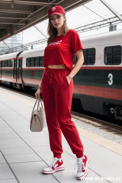 Wearing a red t-shirt, white sneakers, and a baseball cap, n rail station brown -fit pants - ai-porn.ai on pornintellect.com