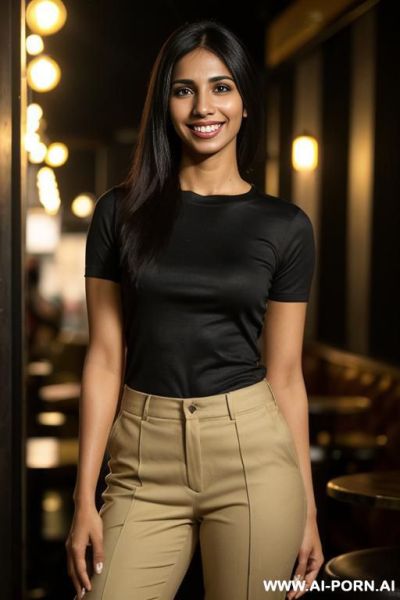 (higareda), ((lanky)), (((tanned punjabi ))), ((black crew neck short sleeve shirt, khaki pants )), (christmas), (big full lips), ((smiling at the camera)), photorealistic, (ultra detailed photo), (hyper - ai-porn.ai on pornintellect.com
