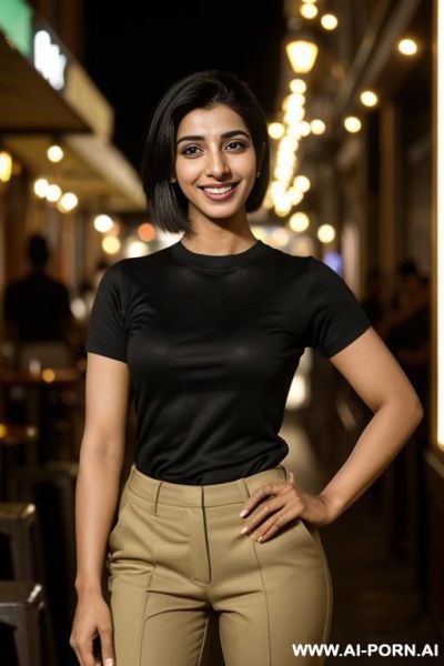 (urwa hocane), (((tanned punjabi ))), ((black crew neck short sleeve shirt, khaki pants)), (christmas), (big nose), ((smiling at the camera)), photorealistic, (ultra detailed photo), (hyper realistic - ai-porn.ai on pornintellect.com