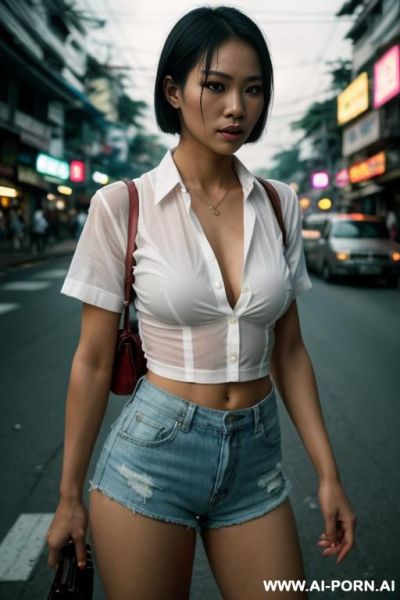 Young thai prostitute is standing on a street corner in bangkok wearing slutty clothes, very tight and short cut offs and tight white button down shirt. her shorts and shirt are unbuttoned - ai-porn.ai - Thailand on pornintellect.com