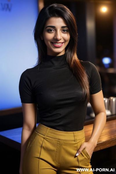 (urwa hocane), (((tanned punjabi ))), ((black crew neck short sleeve shirt, pants)), (christmas), (big nose), ((smiling at the camera)), photorealistic, (ultra detailed photo), (hyper realistic photo), - ai-porn.ai on pornintellect.com