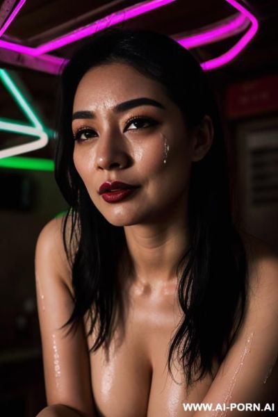 Polish woman, (soma bhabhi) naked, natural boobs, shapely lean body, dark hair, in a village dhaba, holding stings of white neon lights inher hand as only light source, no flabs - ai-porn.ai - Poland on pornintellect.com