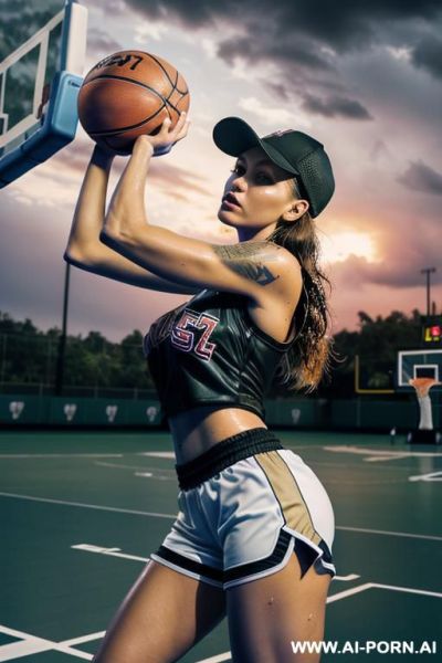 Mom beauty face spanish , punk, muscle fit ,with view fish eye lens knees level shot , sexy pose standing boobs, tight shorts, baseball cap back, neckline camou, wet hair ,oil full skin ,in the basketball field , cloudy sunset raining ((((basketball )))) - ai-porn.ai - Spain on pornintellect.com