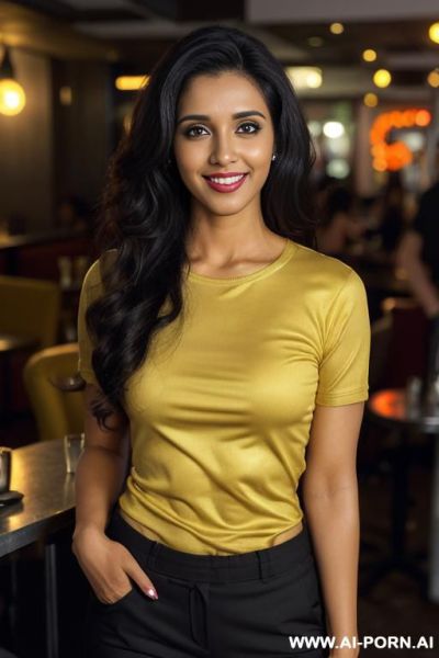 (asin), (((tanned punjabi))), ((black short sleeve crew neck shirt, pants )), (christmas), (big full lips), ((smiling at the camera)), photorealistic,, (ultra detailed photo), (hyper realistic photo), - ai-porn.ai on pornintellect.com