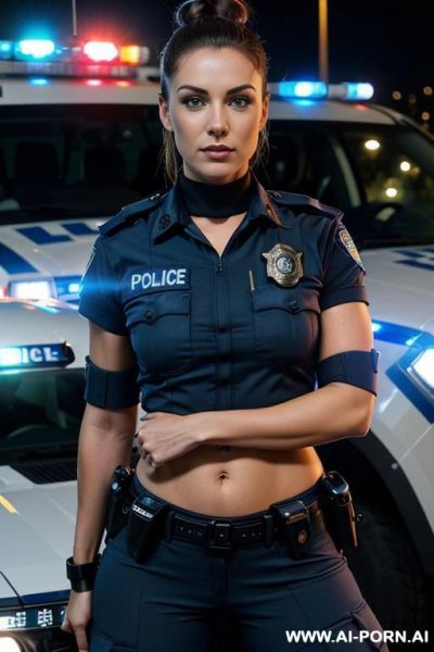 Sci-fi policer (front view) (keep face) wide hips, muscular thighs, thighs gap (eye contact) (detailed model face) beautiful sexy face, alluring smile, detailed skin, detailed hands (wearing sci-fi policer armor) (closeup belly) - ai-porn.ai on pornintellect.com