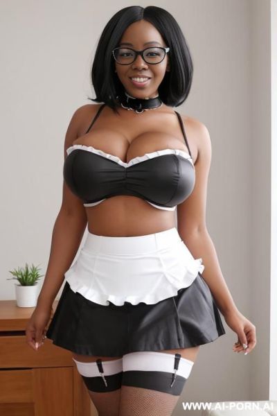 Black skin from head to toes, black woman, african, round face, fat face cheeks, beaver smile, pointed smile, short dreadlocks to her neck, sexy ass from behind - ai-porn.ai on pornintellect.com