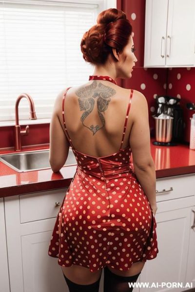 Gorgeous hot copper hsired women wearing (((red polka dot dress))) in kitchen, curvy ass, fucked, pov, cartoon style - ai-porn.ai on pornintellect.com
