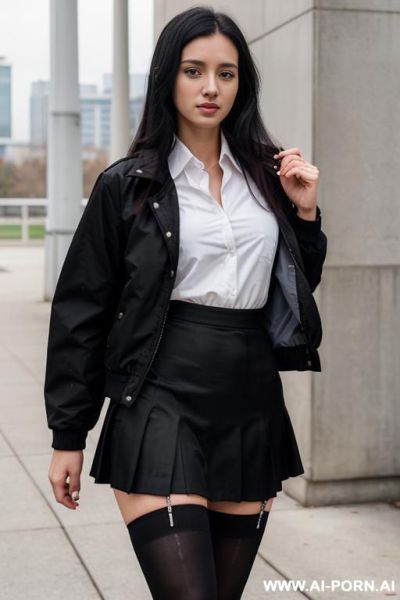 Long sleeve white shirt, tie, maxi plaid skirt, long black stockings, woman - ai-porn.ai on pornintellect.com