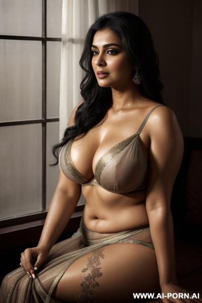 A graceful, mature indian woman in a deep black, seated beside a rain-soaked window. golden hour light pours softly onto her glowing skin and silver-streaked hair, high-lighting the shimmer of - ai-porn.ai - India on pornintellect.com