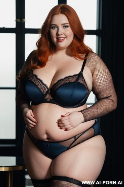 Photorealistic british redhead bbw woman, obese and chubby body shape, 20s, smiling, wearing intricate black fishnet lingerie bodysuit with geometric patterns, standing in a modern studio interior, - ai-porn.ai - Britain on pornintellect.com