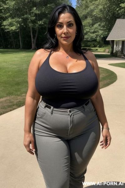 Milf, sexy face, tall busty body, gigantic oval tits, teapered waist, wide hips, heavy sexy makeup, hourglass figure, ((keep face)), ((keep body)), sunny summer day, outside large lake house on the lake, - ai-porn.ai on pornintellect.com