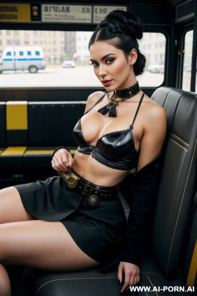 A sexy curvy russian woman 20years old with milky white skin and her hair on her face in bus, with sexy big breasts and her shoulder and thighs is clear and open her leg and she puts - ai-porn.ai - Russia on pornintellect.com