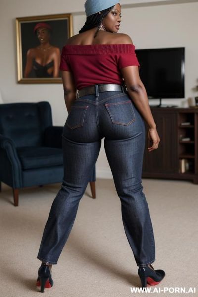 Ebony mature woman, vintage straight blue jeans , red top, belt, pear ass, durag cap, oxford shoes - ai-porn.ai on pornintellect.com