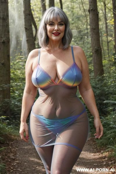 Bbw l older curvy woman hiking in the woods. big red lips and big thick thighs. - ai-porn.ai on pornintellect.com