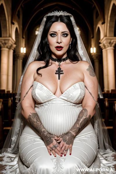 Unholy corrupted naked devil horned tattoo bitch hooker latina cougar totally naked pregnant barefoot wearing black spiked metal choker, metal chains tied to choker, black lipstick, black eyeliner, - ai-porn.ai on pornintellect.com