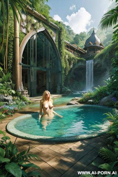 Wood cabin hotel in woods mountain hills jungle island beach several female lesbian nude orgy blonde long wavy blond in mountains landscape river cove outside view at steampunk castle mansion - ai-porn.ai on pornintellect.com