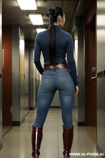 Asian, tight light-blue jeans, leather belt, brown riding flats long boots - ai-porn.ai on pornintellect.com