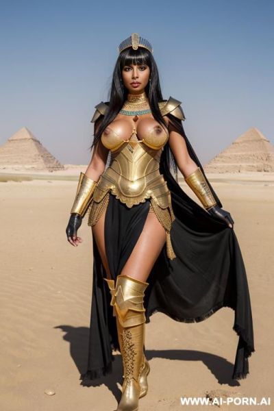 Egyptian empress, skirt, tiara, dark hair, bangs, gold armour, boots, tanned skin, dark skin, gloves, choker, beauty face, horny face, topless, naked boobs, natural boobs, saggy boobs, large boobs, desert, windy - ai-porn.ai - Egypt on pornintellect.com