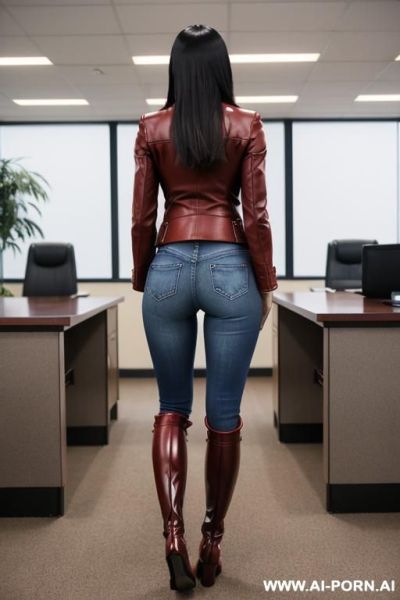 Asian, tight blue jeans, red leather blazer, brown riding flats long boots - ai-porn.ai on pornintellect.com