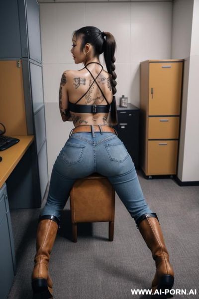 Asian, tight blue jeans, belt, leather top, light-brown riding flats long boots, tattoos - ai-porn.ai on pornintellect.com