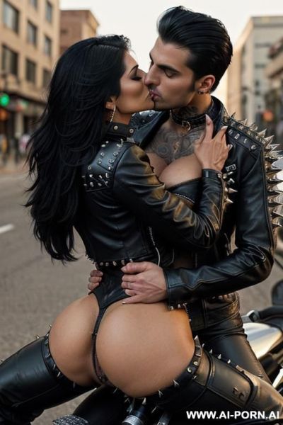 ((((persian biker milf hugging and kissing a twenty year old muscular punk man on the lips)))) with (((((((gigantic tits))))))) and (((long hair))), (makeup) , (((tight spiked studded black leather - ai-porn.ai - Iran on pornintellect.com