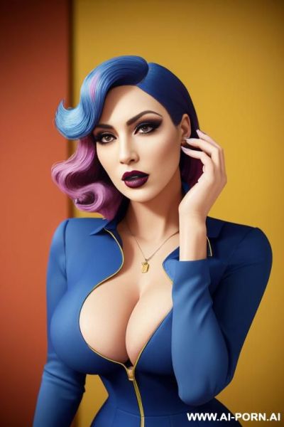 Adult woman in her late 20s, auburn shoulder-length hair with feathered 0s hairstyle, bright green eyes, fair skin, wearing a form-fitting unzipped yellow jumpsuit with white trim, the jumpsuit - ai-porn.ai - state New York on pornintellect.com