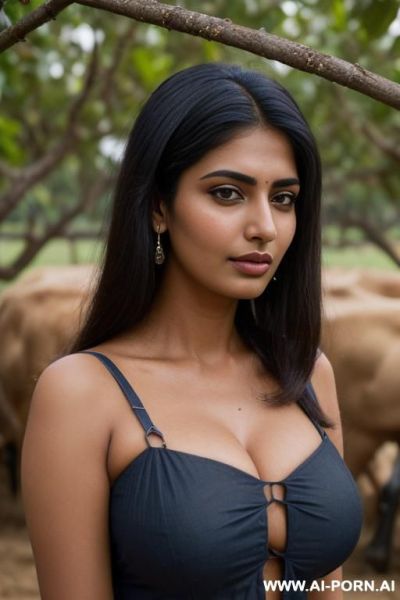 (medieval indian farm), ((dark blue strap clothes, farm woman)), ((busty natural)) ((soft face)) ((persian dark skin)) high cheeck bones, round chin, plump cheek - ai-porn.ai - India - Iran on pornintellect.com