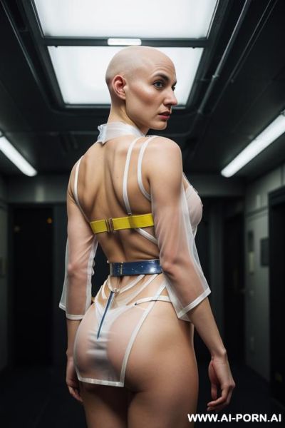 Hyperrealism painting: many female bodies fighting, full-length of slender bald japanese women, age twenty, ((a cup teardrop boobs)), on the streets, bald heads, they wear transparent plastic long - ai-porn.ai - Japan on pornintellect.com