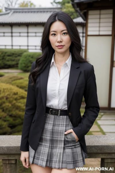 Pretty, english, caucasian, 30, flowing wavy hair, dark brown hair, white skin, hourglass figure, natural boobs, slight smile, makeup, eye shw, standing, spreading legs, naked, blurred background, walled garden background. - ai-porn.ai - Britain on pornintellect.com