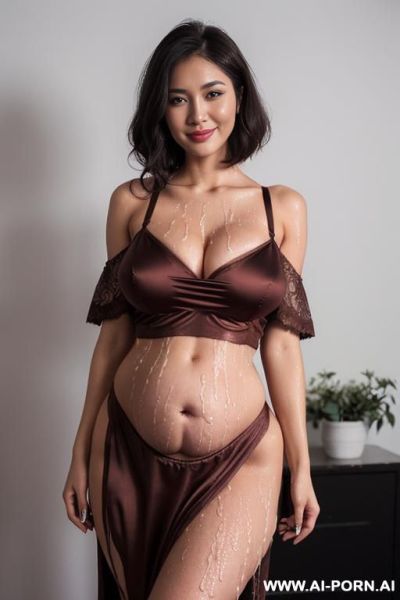 (((cum slut, woman’s face and exposed tits drenched in cum))), perfect strong bimbo, high cheekbones, round jawline, platinum blonde hair dark highlights, perfectly massive round breasts, protruding pregnant belly - ai-porn.ai on pornintellect.com