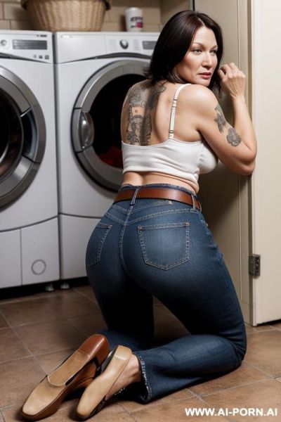 Mature, straight jeans, leather belt, brown flats oxford shoes, tattoo - ai-porn.ai on pornintellect.com