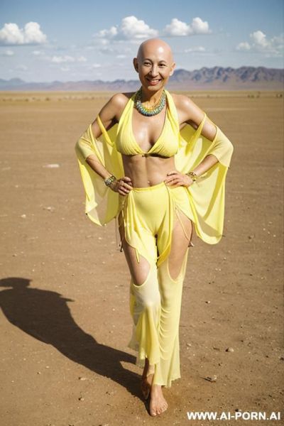 Hyperrealism painting: full-length of slender bald japanese womans with friends, age twenty, ((a cup teardrop boobs)), on the desert field with friends, bald heads, art - ai-porn.ai - Japan on pornintellect.com