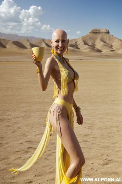 Hyperrealism painting: full-length of slender bald japanese womans with friends, age twenty, ((a cup teardrop boobs)), on the desert field, bald head, art - ai-porn.ai - Japan on pornintellect.com