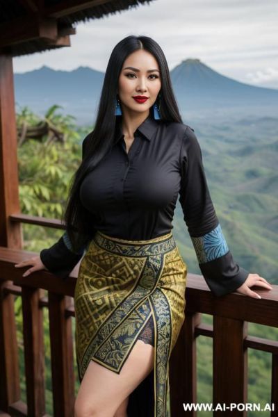 ((olive skin indonesian, sunda ethnicity)) ((traditional long sleeves black shirt, long skirt with blue batik pattern, sunda outfit)) ((huge massive perky boobs)) ((looking at viewer)) ((mountain - ai-porn.ai - Indonesia on pornintellect.com