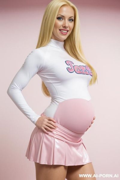 ((keep face)), perfect woman, pretty face, pregnant, lactating white skin, blond hair, and pregnant model with shiny black and latex catsuit revealing tits and naked huge pregnancy belly, last - ai-porn.ai on pornintellect.com