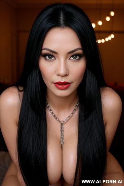 Huge natural tits cubain 0 years old milf, very long black hair, wearing nog but loads of elry, chain necklaces eareings rings bracelets piercings, seductive eyes - ai-porn.ai on pornintellect.com