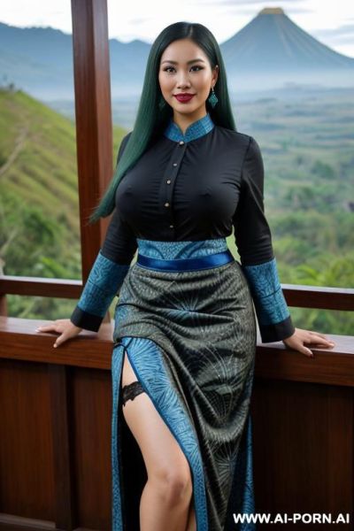 ((olive skin indonesian, sunda ethnicity)) ((traditional long sleeves black shirt, long skirt with blue batik pattern, sunda outfit)) ((huge massive perky boobs)) ((looking at viewer)) ((mountain - ai-porn.ai - Indonesia on pornintellect.com