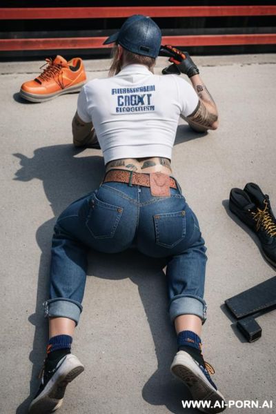Straight blue jeans, leather belt, safety work sneakers, socks, tattoos - ai-porn.ai on pornintellect.com