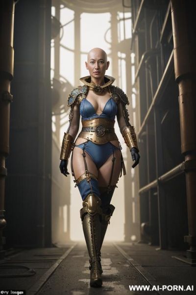 (japanese sci-fi slender old bald woman), ((aa cup boobs)), in the blue and yellow sci-fi outfit, on the sci-fi spaceship, diver suit and fashion white coat, wearing golden sci-fi helmet and golden armor, she is walking on the road. - ai-porn.ai - Japan on pornintellect.com