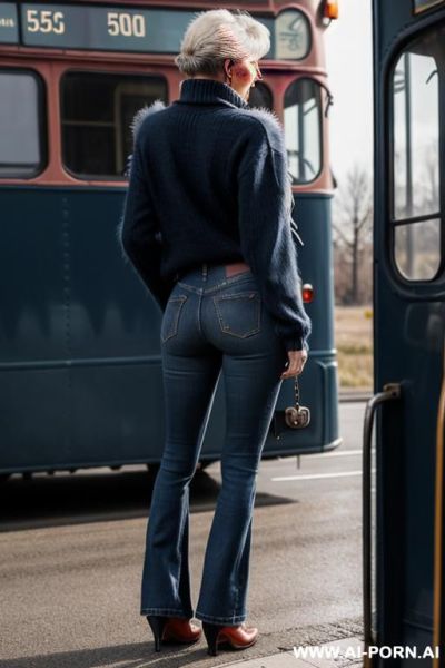 Mature woman, vintage bootcut dark-blue jeans, oxford shoes - ai-porn.ai on pornintellect.com