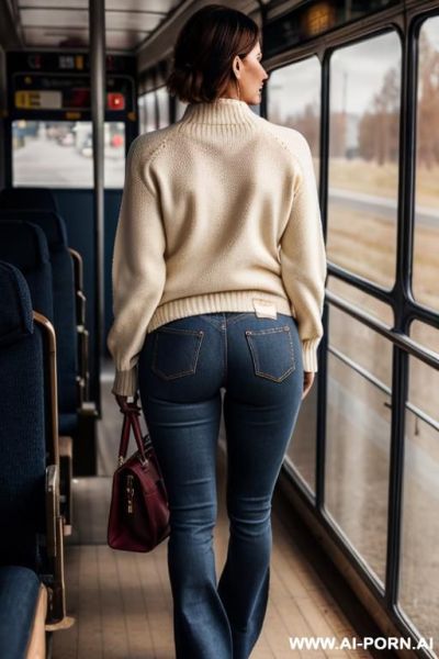 Mature woman, cream sweater, vintage bootcut dark-blue jeans, oxford shoes - ai-porn.ai on pornintellect.com