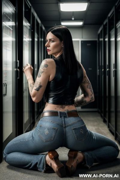 Mature woman, transparent top, vintage straight blue jeans, leather belt, oxford shoes, tattoos, from behind - ai-porn.ai on pornintellect.com