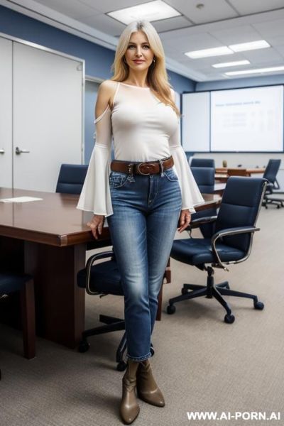 Mature woman, white top , straight dark-blue jeans, belt, flats short boots - ai-porn.ai on pornintellect.com