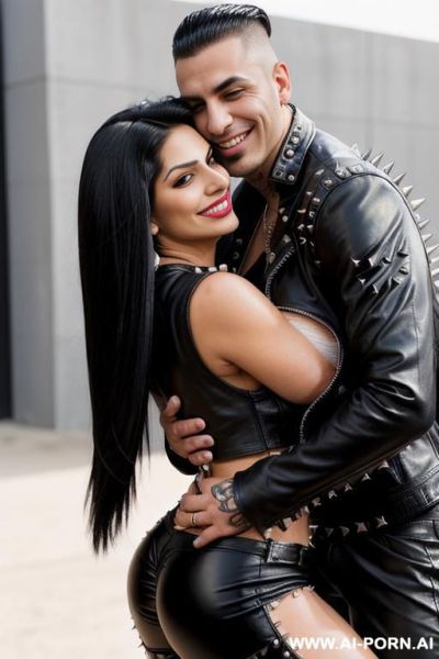 ((((persian rap milf hugging a twenty year old muscular punk man)))) with (((((((gigantic tits))))))) and (((long hair))), (makeup) , (((tight spiked studded black leather jacket))) (((tight spiked - ai-porn.ai - Iran on pornintellect.com