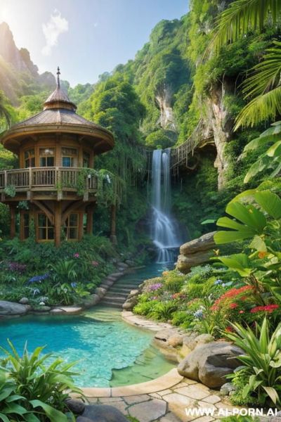 Wood cabin hotel in woods mountain hills jungle island beach several female lesbian nude orgy blonde long wavy blond in mountains landscape river cove outside view at steampunk castle mansion - ai-porn.ai on pornintellect.com