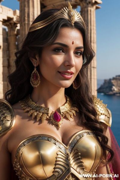 Greate goddess athena (frontal view) ultra realistic (keep face) perfect fit body, wide hips, muscular thighs, thighs gap, perfect firm boobs (perfect detailed face) alluring smile (beautiful sexy - ai-porn.ai on pornintellect.com