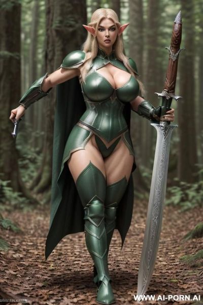 (((realistic look, ultra realistic))) (((frontal view))) ((gorgeous elf woman)) (((elven knight))) ((blonde)) ((long ponytail hairstyle)) ((perfectly beautiful face)) ((beautiful plump lips)) ((huge expressive - ai-porn.ai on pornintellect.com